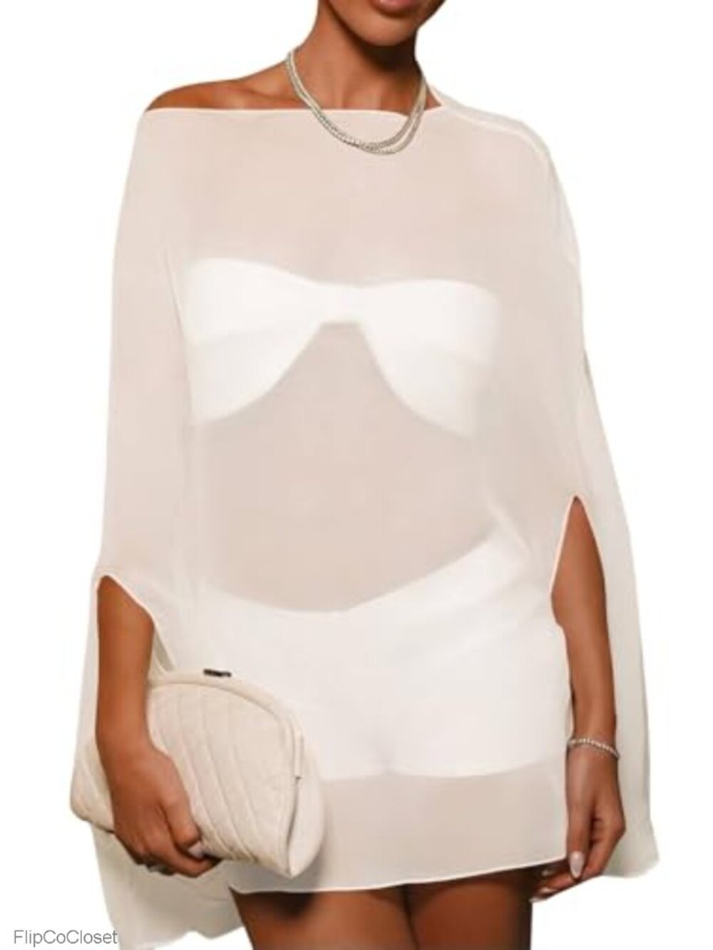 Off Shoulder Sheer Chiffon Swimwear Cover Up Poncho Shrug Lightweight Beachwear